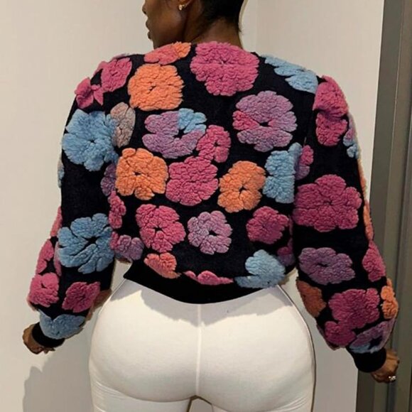 Women's Rose Opcakm Cropped Floral Shacket Sleeve Bomber Style Outerwear Jacket - Picture 5 of 7